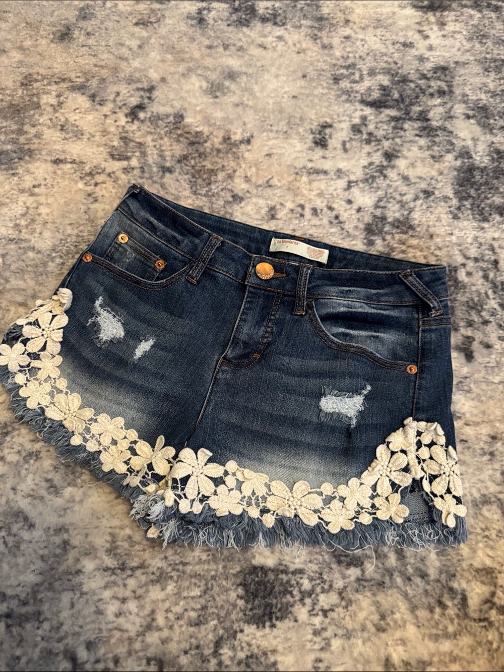 No Boundaries Dark Blue Denim Jean Shorts with White Floral Lace Trim
